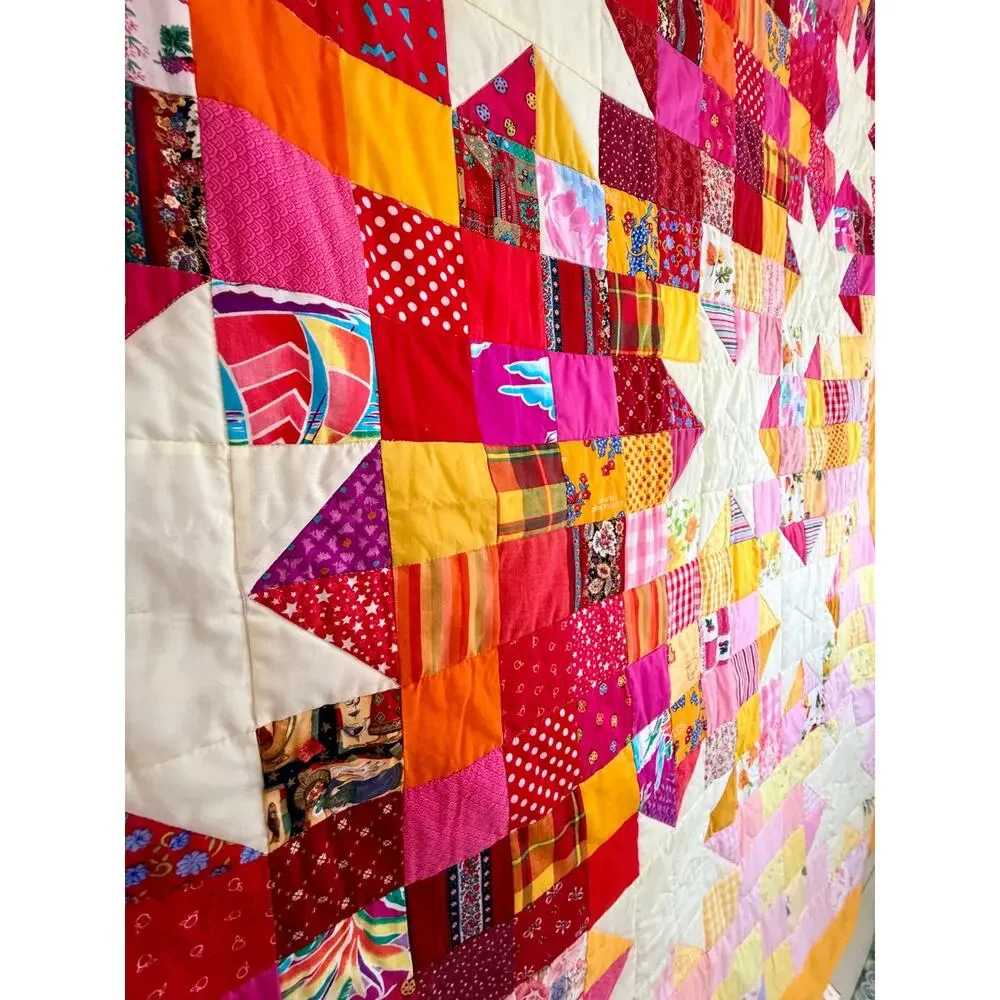 Handmade Scrappy Pink Yellow Calico Sawtooth Star Quilt Wall Hanging Large Throw